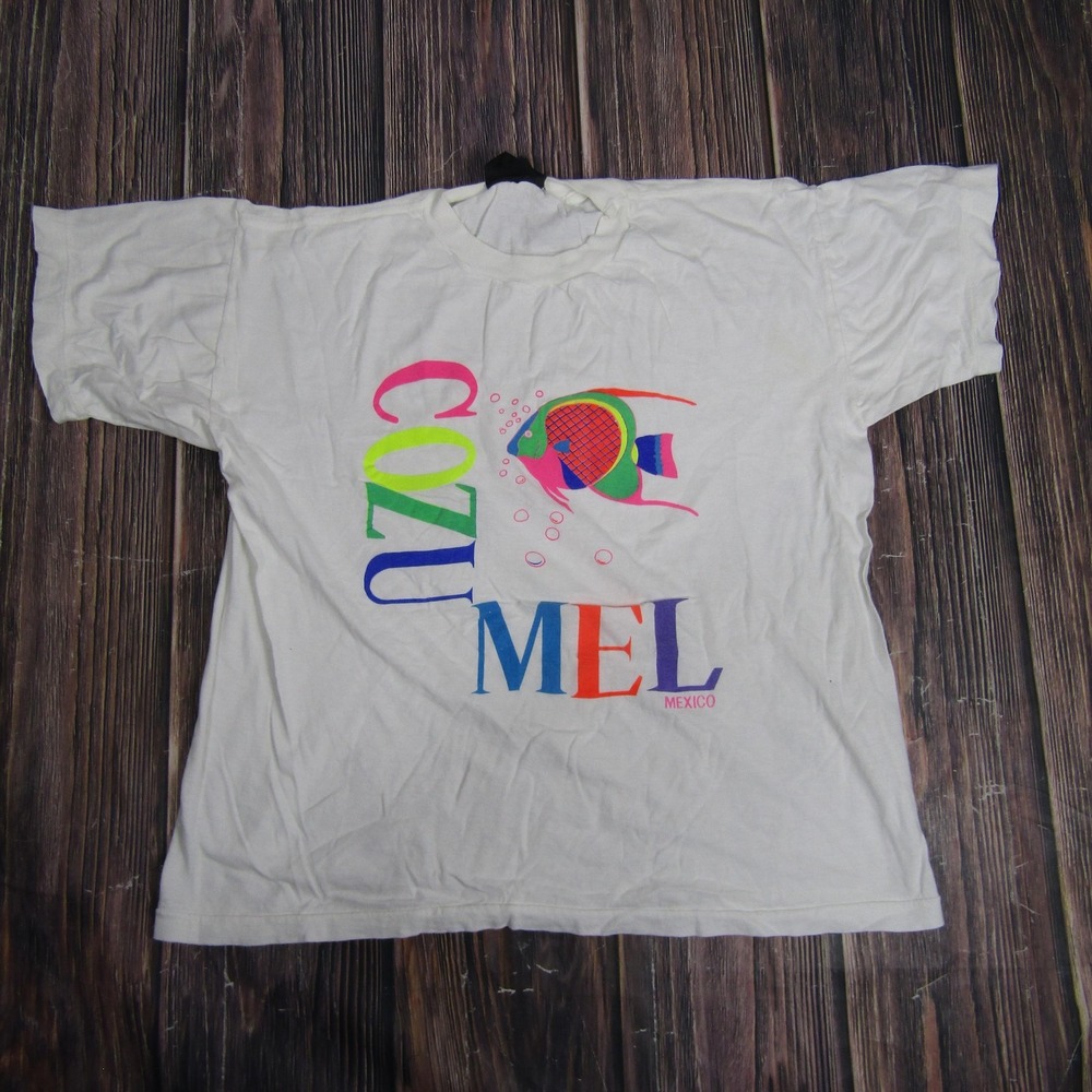Vintage Cozumel Mexico Shirt Mens Large‎ Neon Fish Graphic Single Stitch 90s